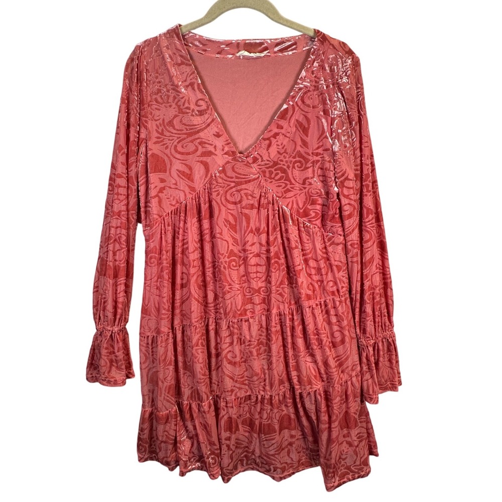 New In Pink Velvet Burnout Tiered Babydoll Mini Dress Whimsical Small